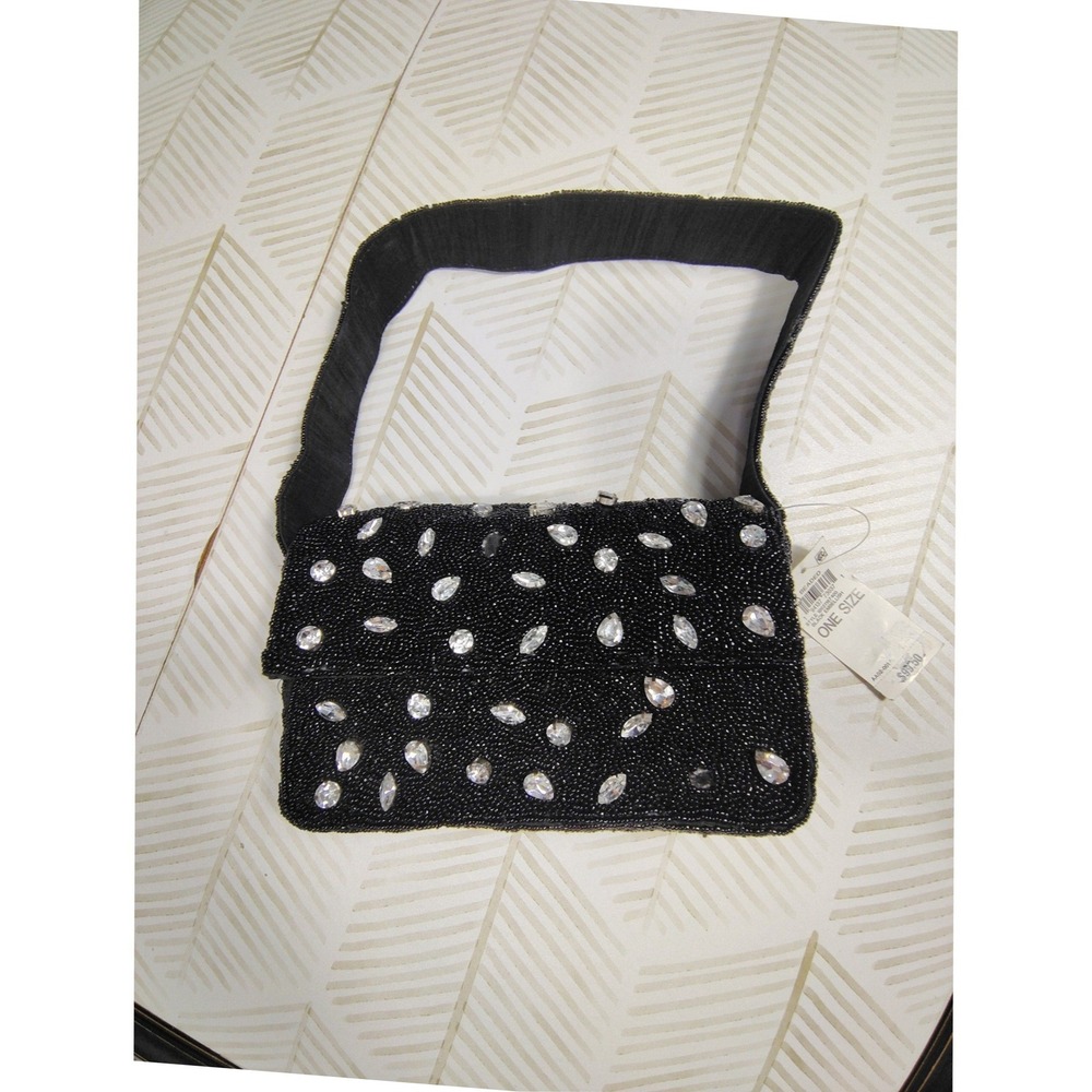 Black Beaded Rhinestone Evening Bag Shoulder‎ Purse Formal Wedding NWT